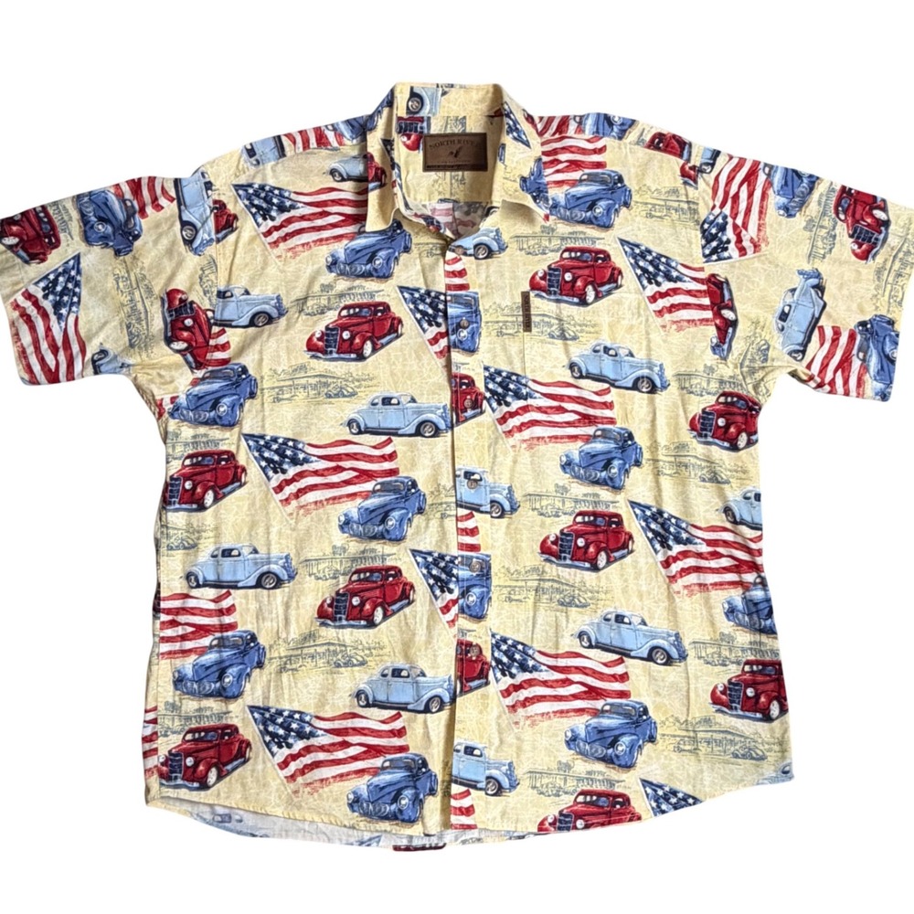 North River Mens‎ XL Americana Vintage Car Flag Print Cotton Button Up Shirt